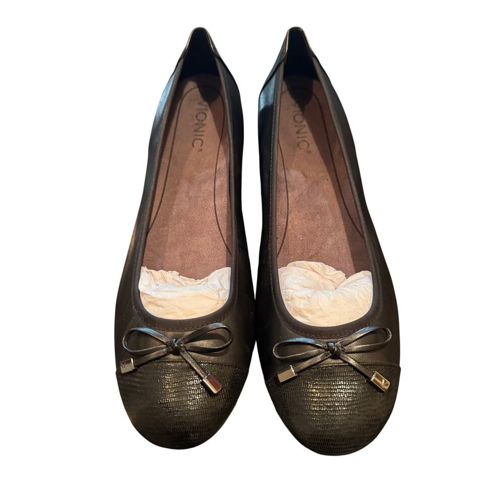 Vionic Minna Black Ballet Flats Shoes Bow Snakeskin Detail Women's 11
